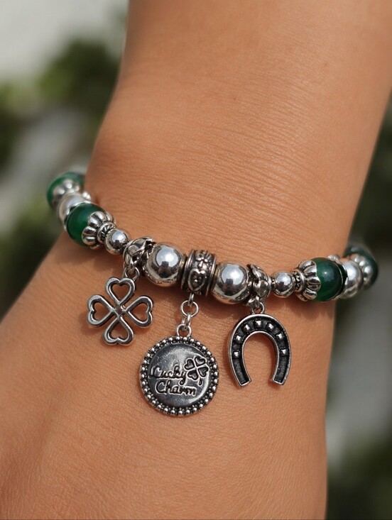 Fashion Jewelry Jewelry - Irish Lucky Charm Bracelet Classic Silver Clover & Horseshoe Beaded Stretch Fit